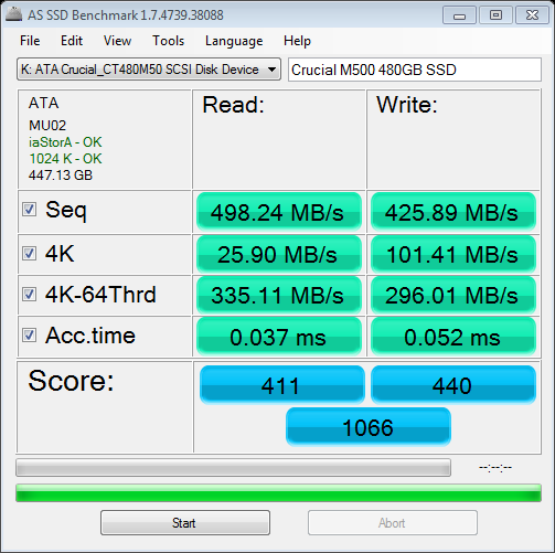 Crucial M500 480GB SSD AS SSD READ WRITE BENCHMARKS