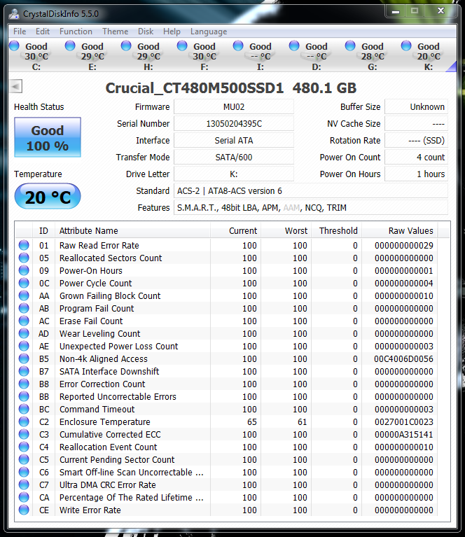 Crucial M500 480GB SSD CRYSTALDISKINFO CDI BENCHMARK